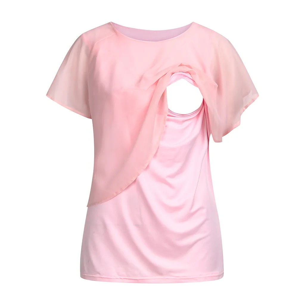 Женская рубашка для беременных, блуза для кормящих, топ для кормления грудью, короткий рукав, сплошной цвет, шифоновая рубашка для грудного кормления для беременных женщин