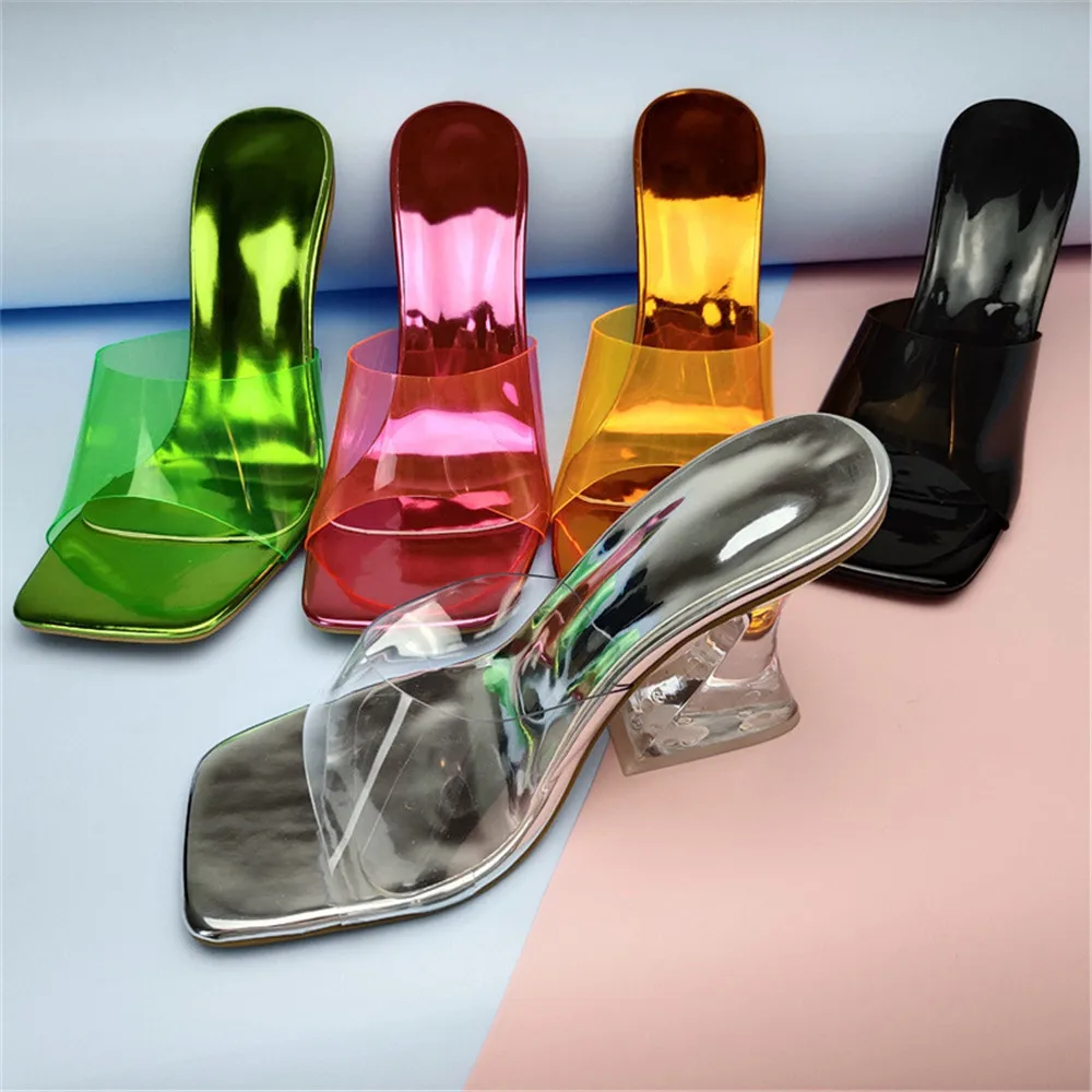 

Crystal Clear Slippers Women Cup Heels Mules Ladies Color PVC Slides Female High Heels Shoes Summer Square Toe Transparent Pump
