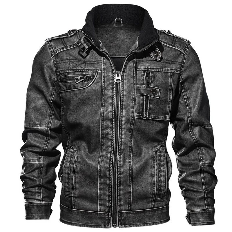 

2019 Popular Men PU Military Jacket Men's Leather Jackets Zipper Up Motorcycle Stand Collar Jacket European Size Dropshipping