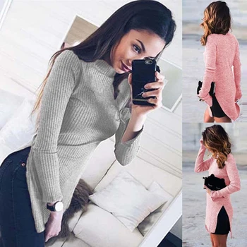 

Split Gray Sweater Women Long Sleeve Turtleneck Knitted Pullover Tops Female Clothes Korean 2020 Winter New