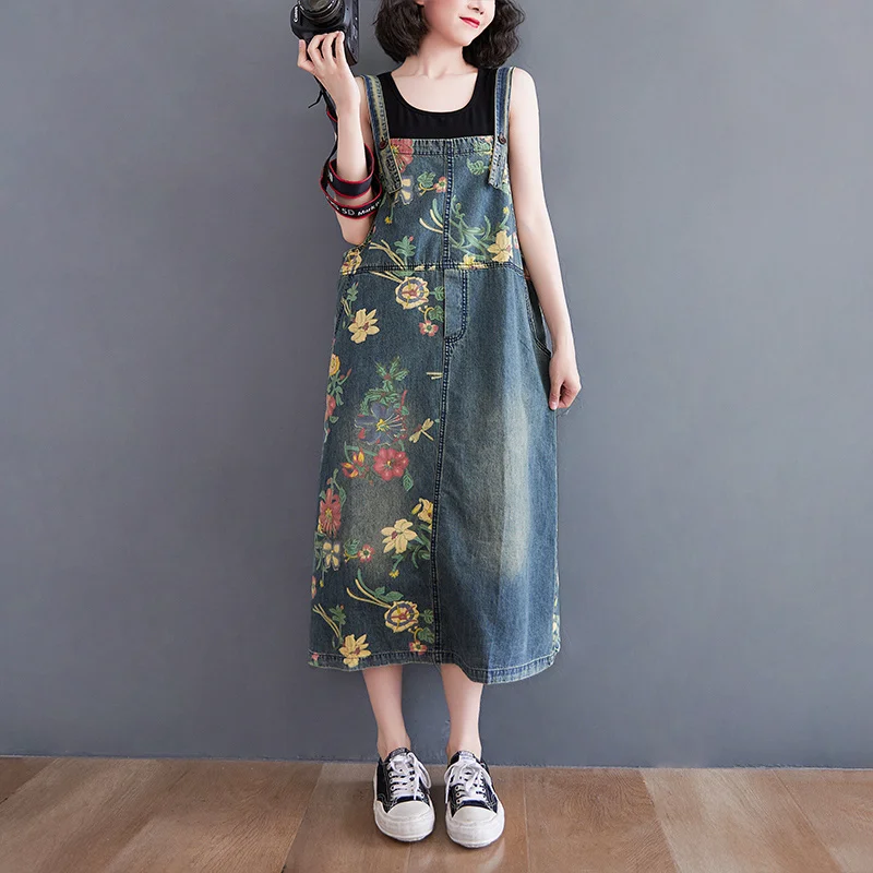 Vintage Floral Print Casual Hollow-Out Denim Dress main image 1