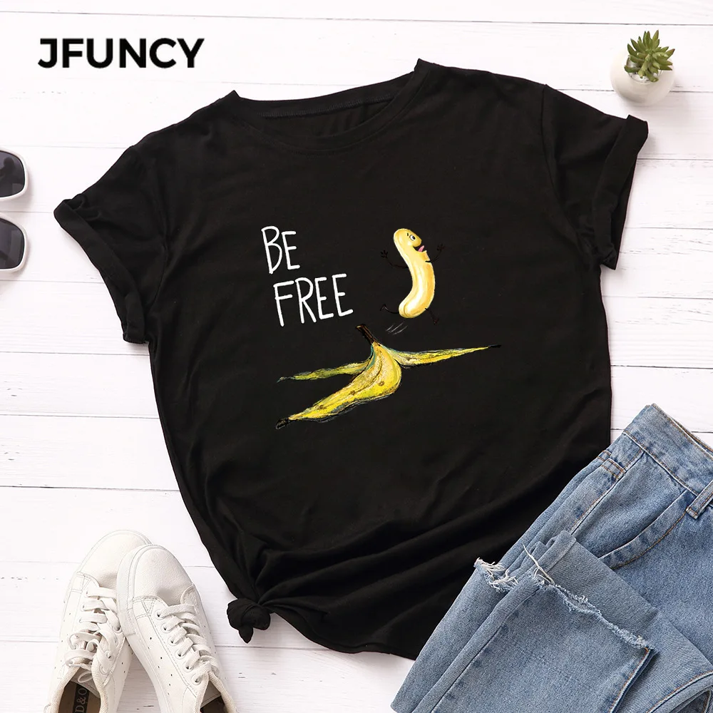 Футболка JFUNCY женская с забавным принтом в виде бананов 100% хлопок летняя футболка
