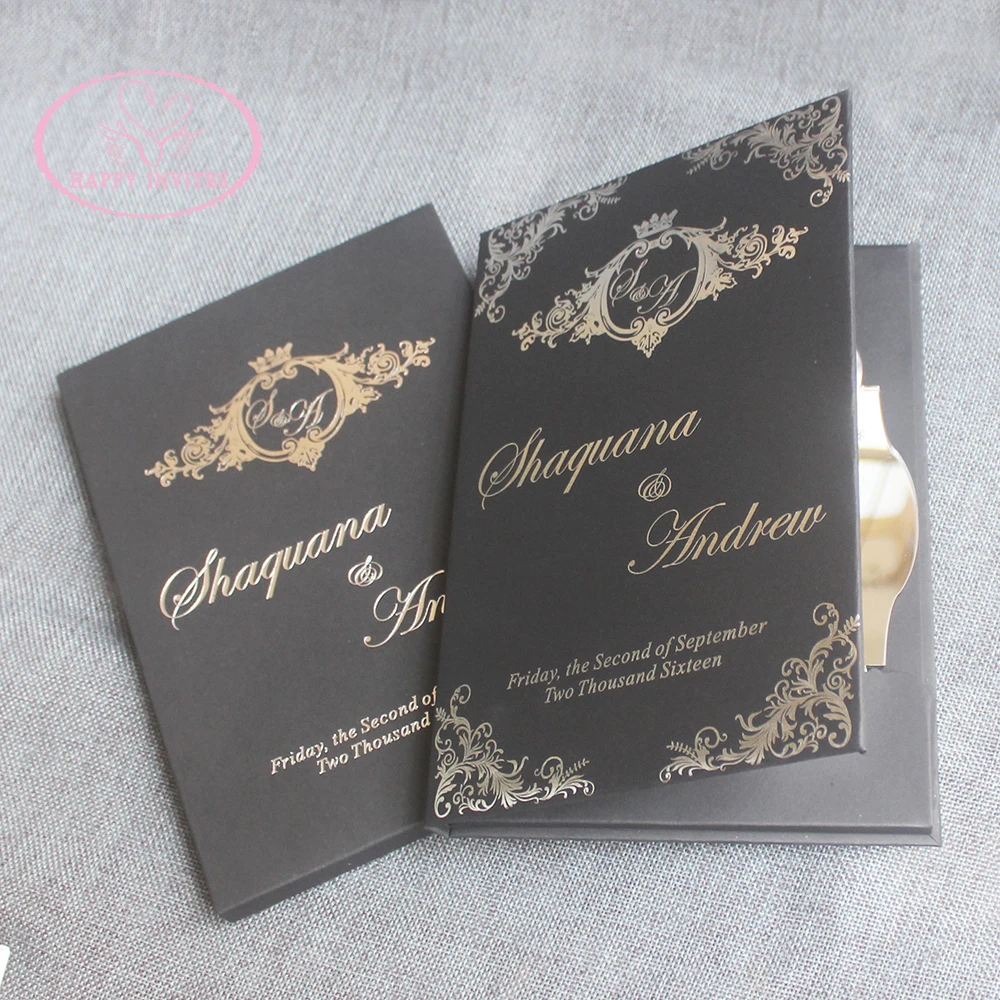 HI1156-17 Custom Black & White Hardcover  Wedding Card with Silver Foil and Acrylic Invitation with Black Letters Made in China
