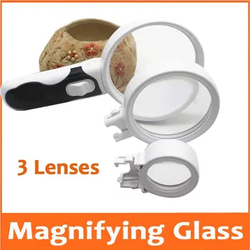 

New 2.5X 5X 16X Illuminated Handheld Magnifier Loupe for Reading Magnifying Glass with 2 LED Lamps and 3 Lenses for Old Man