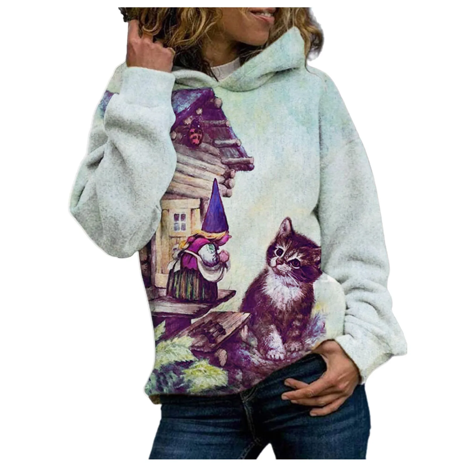 Kawaii Cat Women Hooded Casual Round Neck Long Sleeve Loose Hoddies Print Tops Oversize Streetwear Daily Sweatshirts Ropa Mujer 1
