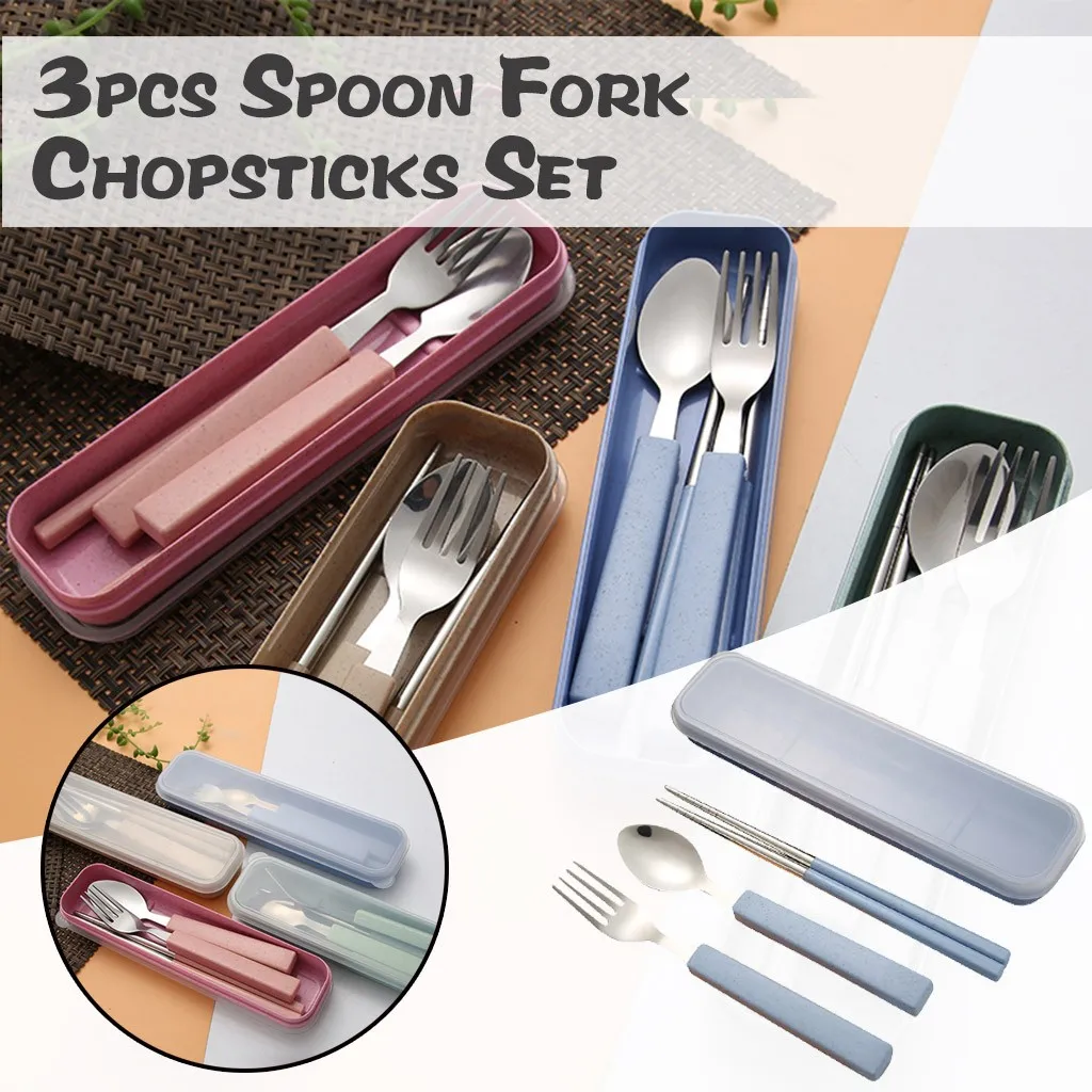 3pcs/set Spoon Fork Chopsticks Stainless Steel Travel Cutlery Tableware Box Sale palillos chinos китайские палочки | Дом и сад