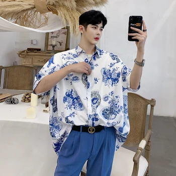 

Men Summer Oversize Short Sleeve Loose Casual Floral Print Shirt Male Streetwear Hip Hop Party Dress Shirts Cardigan Coat