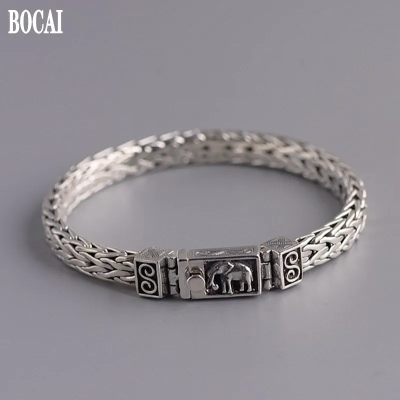 New real S925 pure silver Thai silver bracelet for Man fashion silver hand-woven elephant insurance buckle men's bracelet