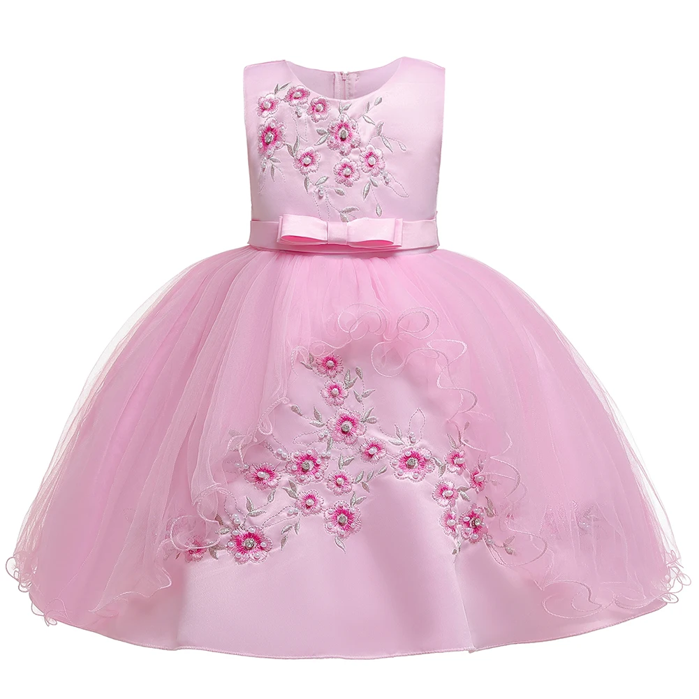 Платье для маленьких девочек с вышивкой Детские платья для девочек вечерние элегантный принцесса платье свадебное платье для детей Костюмы в возрасте 1, 2, 3, 4, 5, 6, 8 лет - Цвет: Pink
