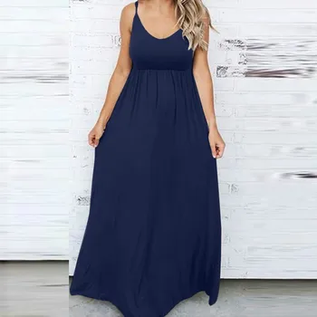 Big Loose Dress Casual Women Summer Beach Dress Boho  Solid Maxi Dress Spaghetti Strap Sleeveless Long Dress M0529