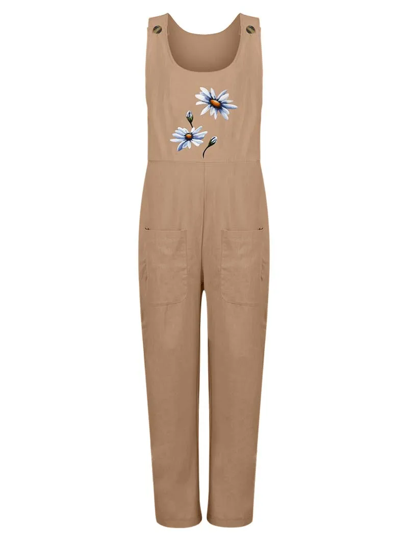 Womens Dungarees Print Rompers 2021 Summer New Ladies Casual Loose Linen Cotton Jumpsuit Sleeveless Pocket Overalls Playsuit