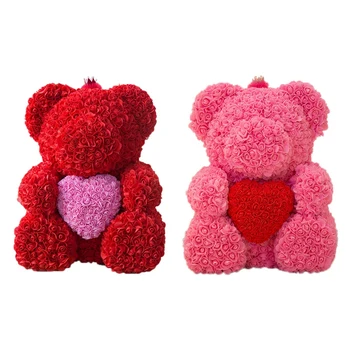 

2 Pcs 25Cm Teddy Bear with Crown in Gift Box Bear of Roses Artificial Flower for Women Valentines Gift - Red & Pink