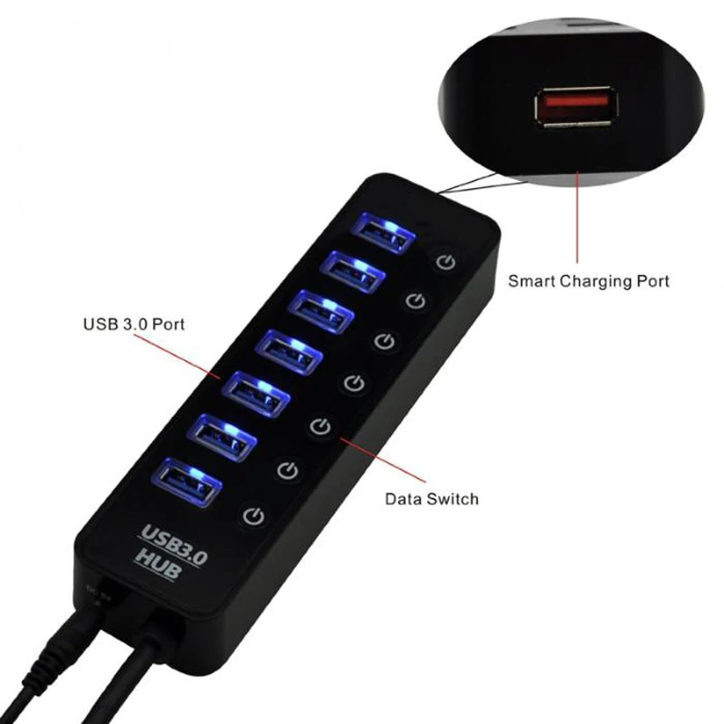 Умное зарядное устройство, Супер Скоростной usb-концентратор с USB 3,0 портами данных+ 1 умный зарядный порт с адаптером питания, Синий светодиодный коммутатор