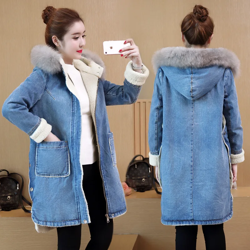 

Elegant Women's Denim Jacket + Fur Hooded Winter Coat Female Parkas Mujer Warm Wool Liner Long Coats 1213