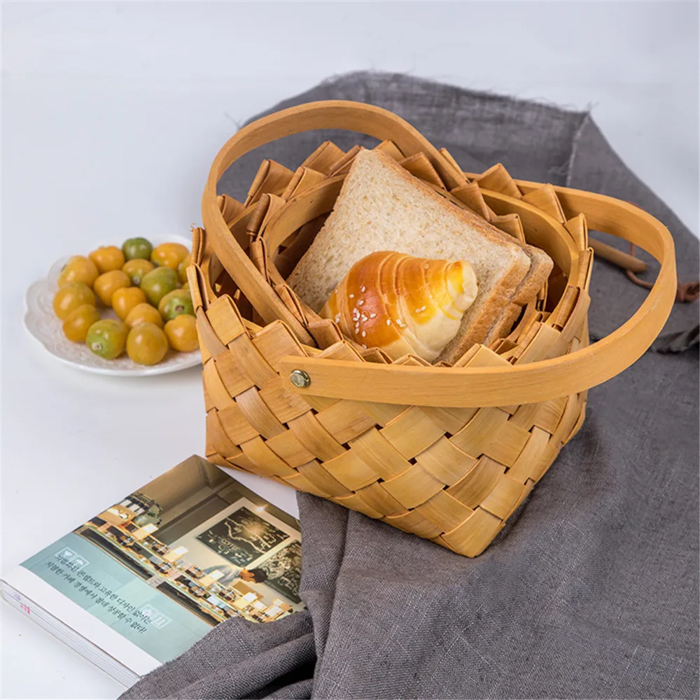 Wood Weaving Storage Basket with Handle Nordic Ins Pastoral Picnic Bread Food Fruit Cosmetic Towel Storage Basket Home Organizer