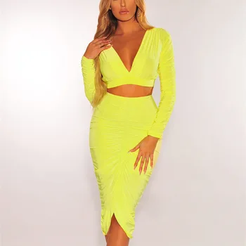 

Yellow Ruched Cargo Matching Sets Bow Sexy Two Piece V Neck Long Sleeve Pleated Crop Top And High Waist Skirt Set