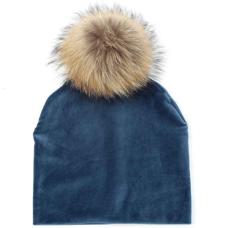 blue A Geebro, Женская Велюровая шапочка, 15 см., мех енота, помпон, зимняя, полиэстер, мягкая, теплая, громоздкая шапочка для женщин, женские бархатные шапки - Цвет: blue A
