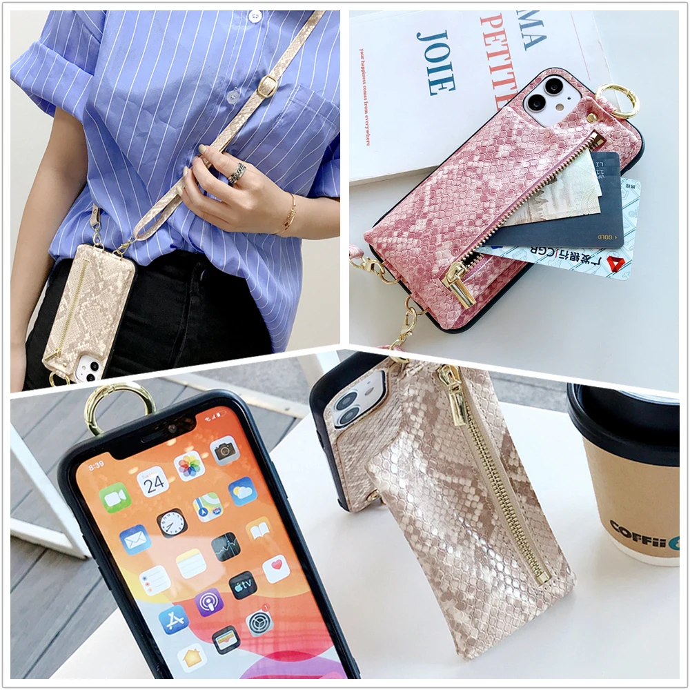 

Snake skin texture Wallet Crossbody cover For iPhone X XR XS 11 pro max 8 7 Plus SE2020 shell Luxury with card pocket phone Case