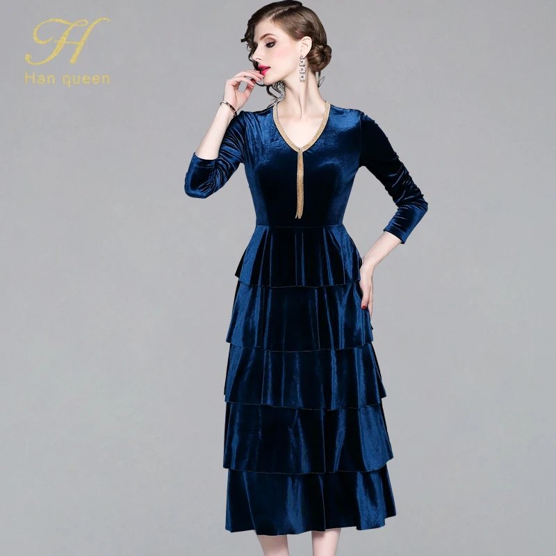 

H han queen 2019 Autumn Velvet Dress Work Casual Slim Fashion V-neck Sexy Ball Gown Dresses Women Elegant Party Vintage Vestidos