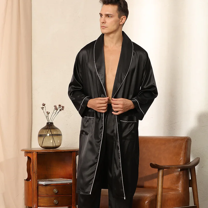 Men Pajamas Satin Kimono Robe Gown Pants Thin Nightgown Two-pieces Bathrobe&Trousers Suit Summer Long Sleeve Nightwear