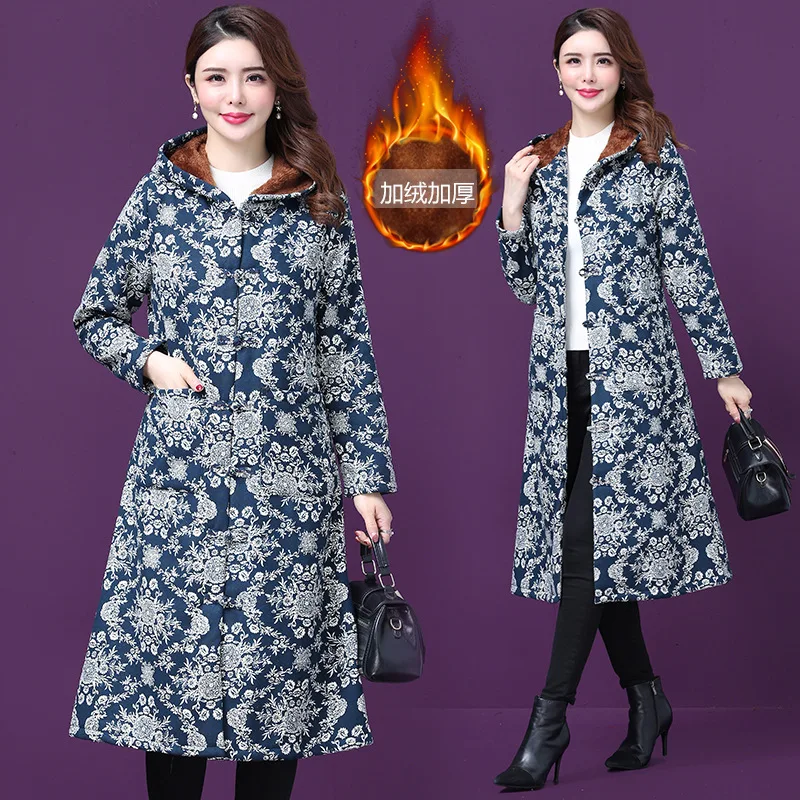 

Winter Style Ethnic-Style WOMEN'S Dress Large Size Mid-length Cotton Linen Hooded Brushed And Thick Printed Warm Cotton Coat Tre