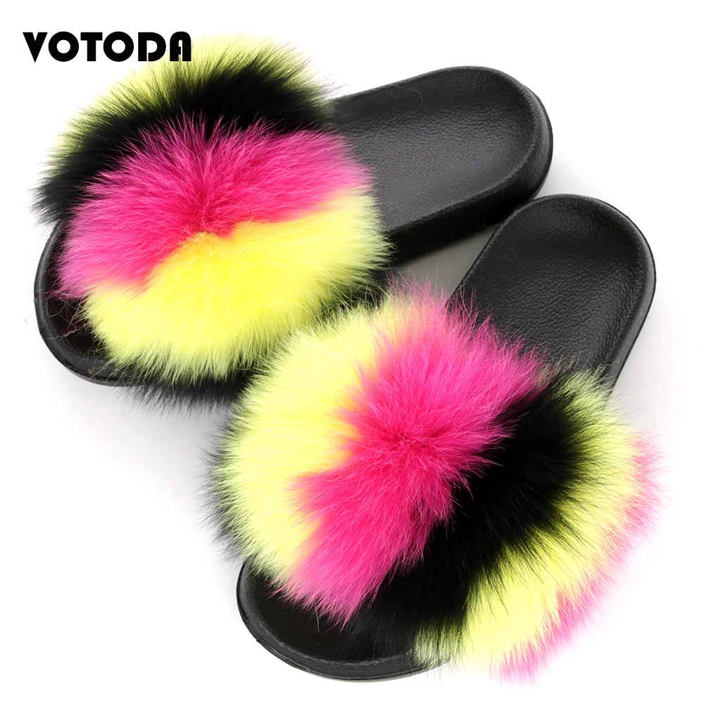 28 Colors Real Fur Slippers Women Fox Fluffy Sliders Comfort with Feathers Furry Summer Flats Sweet Ladies Shoes Plus Size 36-45,19,8.5