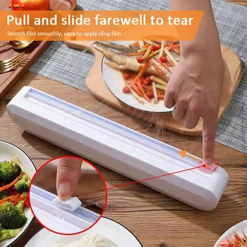 Food Wrap Cutter Cling Kitchen Plastic Foil Film Wrap Storage Dispenser Cutter Durable Non-toxic Storage Organizer Cookware Tool tanie i dobre opinie CN(Origin) ABS+ PP White 295g 0 65Ib 95g 0 21Ib 37*5 1*6 2cm(14 6*2*2 44 inch) 30cm*30M Dispenser*1 Convenient size stores easily in a drawer