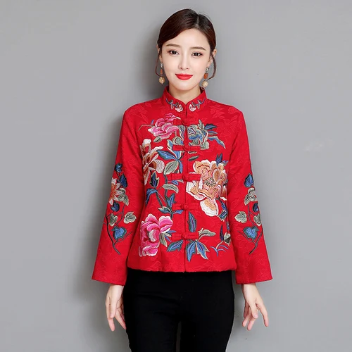 Женский джинсовый жакет с вышивкой в китайском стиле; куртка с длинными рукавами; сезон осень-зима года; однобортное короткое пальто на пуговицах; 2XL - Цвет: Red