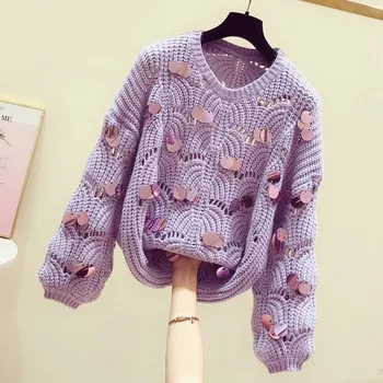 

Lazy Wind Loose Purpler Female Sweaters New Autumn Winter Hollow Out Sequins Lantern Sleeve Pullovers Knitted Top for Women