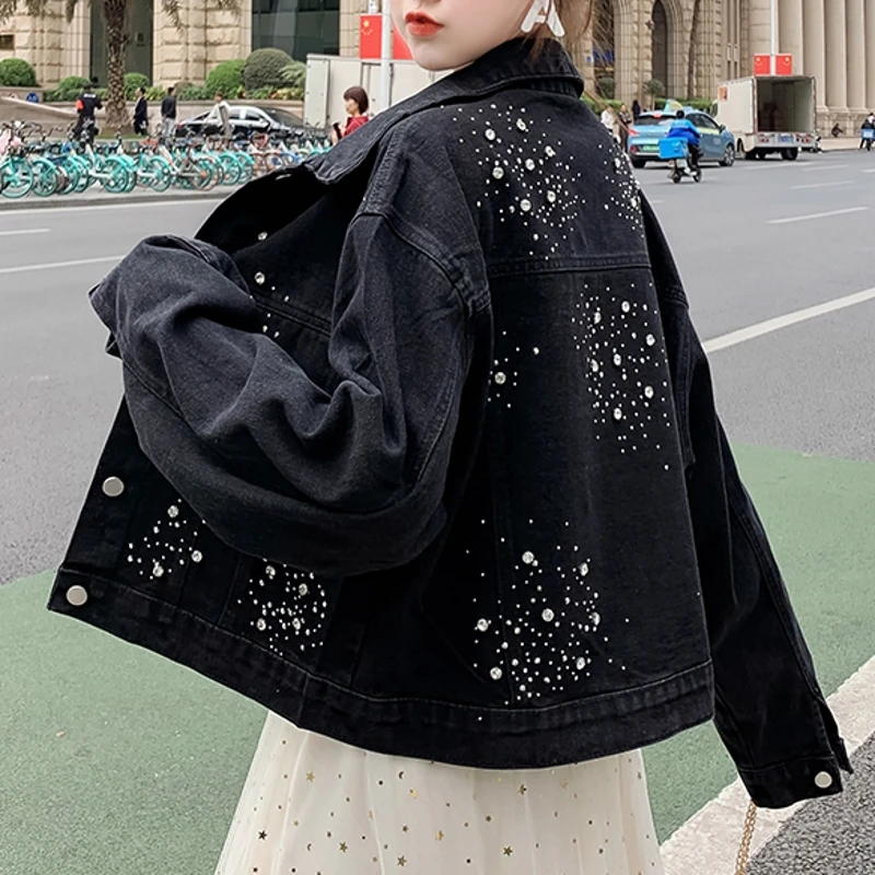 Loose Korean Clothes Fashion Diamonds Denim Jacket Women Coat Lady 2020 New Spring Autumn Black Blue Jeans Outerwear Tops C01514 | Женская