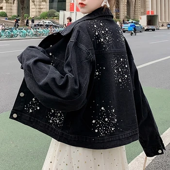 

Loose Korean Clothes Fashion Diamonds Denim Jacket Women Coat Lady 2020 New Spring Autumn Black Blue Jeans Outerwear Tops C01514