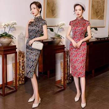 

Plus Size Women Oriental Retro Cheongsam Summer Print Floral Elegant Evening Dress Vintage Chinese Robe Costume Slim Qipao