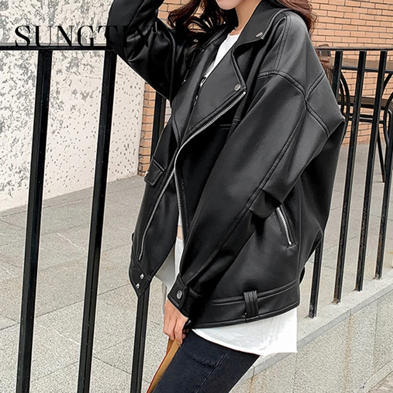 Sungtin Faux Leather Jacket Women Casual Pu Loose Motorcycle Jackets Female Streetwear Oversized Coat Korean Chic New Spring Leather Jackets Aliexpress