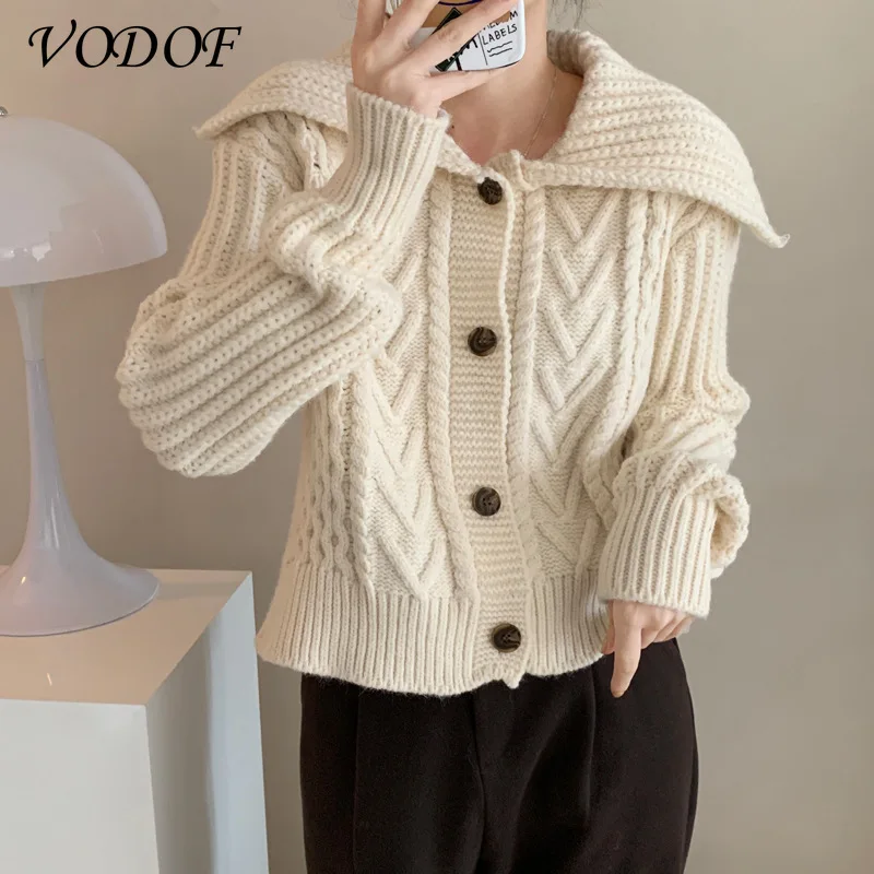 

Женский плотный кардиган-свитер VODOF, модное зимнее короткое пальто на пуговицах с длинным рукавом, вязаный теплый свободный Однотонный женский свитер с круглым вырезом