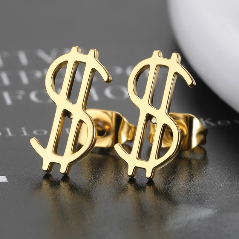 Stainless Steel Earrings $ Dollar Sign Studs Earrings For Women Men Charm Punk Party Money Sign Jewelry Piercing Accessories