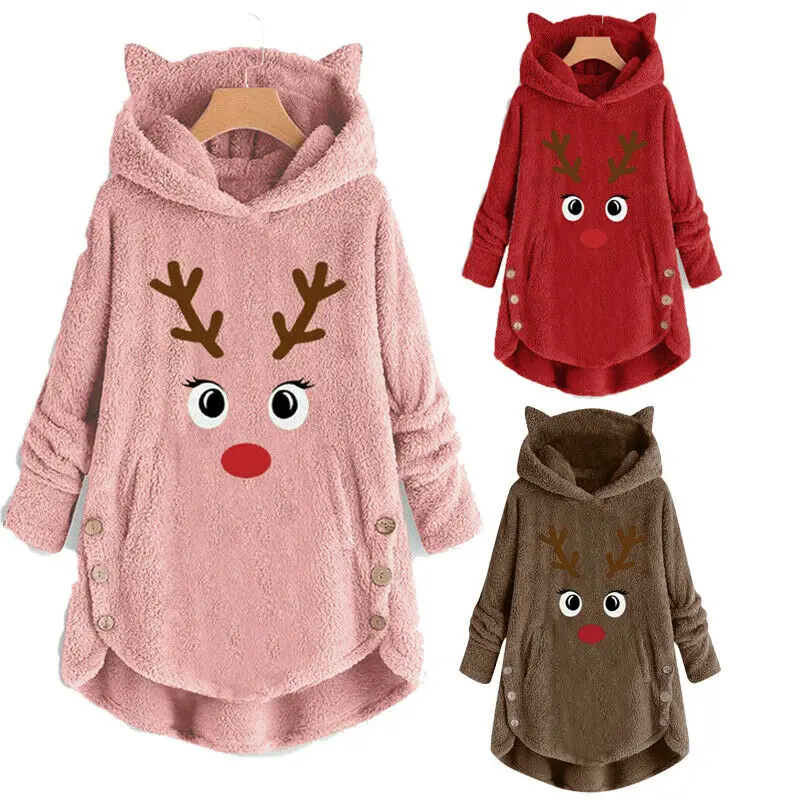 

Lovely Women Fluffy Fleece Winter Warmer Christmas Deer Reindeer Hoodies Jumper Hooded Plush Outwear Loose Sweatshirt Xmas Tops