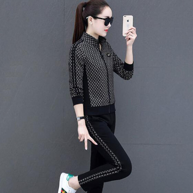 Female Sets Spring Autumn 2021 New printing Two-Piece Suit Jacket With Pants Zipper Sportswear Ladies Two-Piece