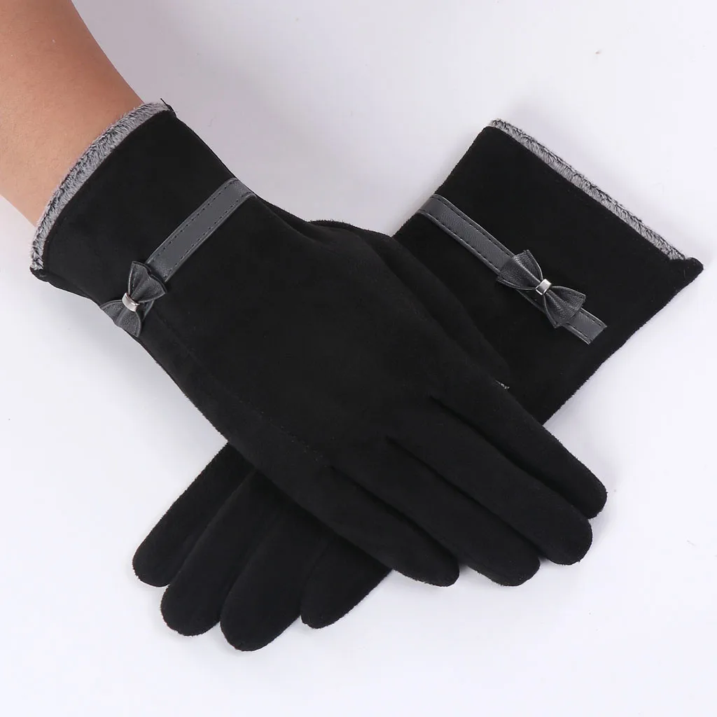 Плюшевые перчатки для сенсорного экрана, женские утепленные флисовые зимние теплые варежки с бантом, женские перчатки с полным пальцем, Guantes Mujer Invierno