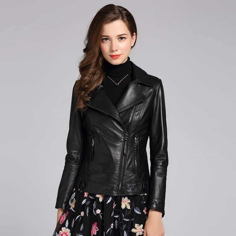 

Genuine Leather Jacket Women Sheepskin Leather Coat Suit Collar Short Slim Motorcycle Jacket Jaqueta CN186P01 MF120