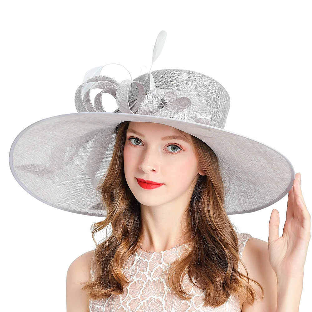

Fascinator Gray Hat Wedding Church Fedoras Hats Women Elegant Linen Cap For Cocktail Party Competition Day Banquet Wide Brim Hat