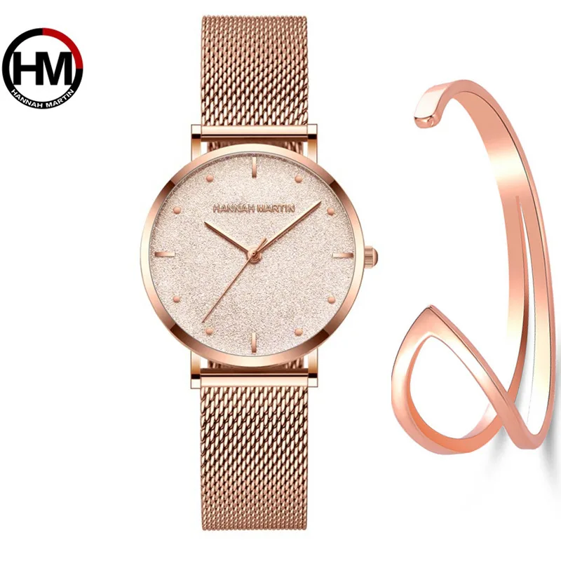 

Hannah Martin Women Stainless Steel Mesh Waterproof Ladies Watch Watch and U-Bangle For Valentine's Gift Set