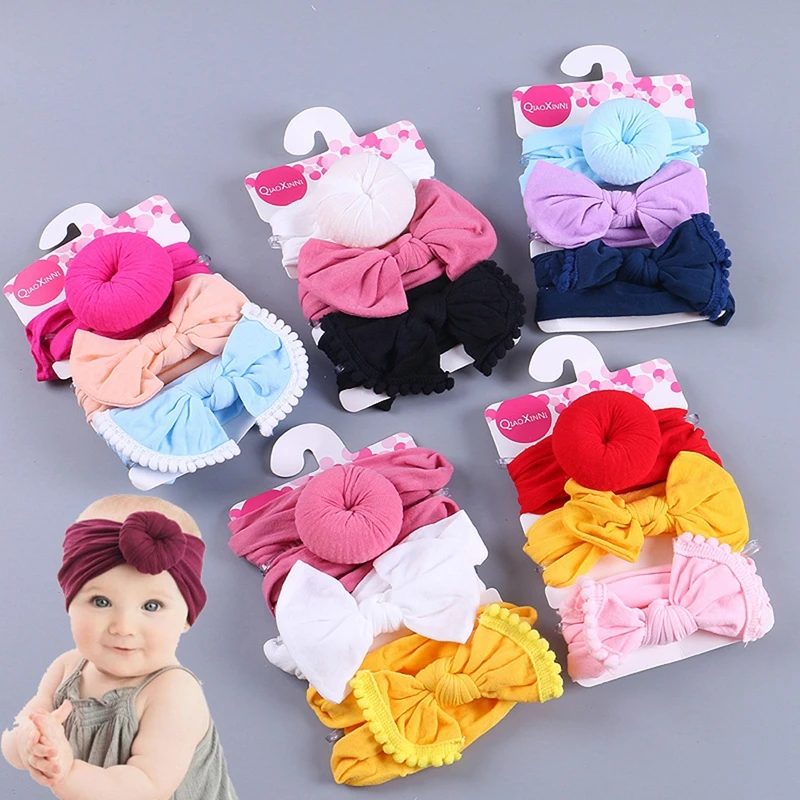 Комплект из 3 предметов; повязка на голову с бантом для новорожденных и маленьких девочек; Однотонные эластичные головные уборы с круглым цветочным рисунком; аксессуары; подарки для маленьких девочек