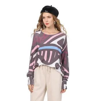 

New Autumn Retro Purple Printed Sweater Women Long Sleeve Pullover Bohemian Loose-Fit Sweater Tops Pull Femme D6345