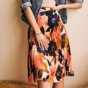 

Dino Pleaded Skirt Women Summer Autumn High Waist Ziper Casual Midi Skirt Floral Printed Vintage Skirt 2020