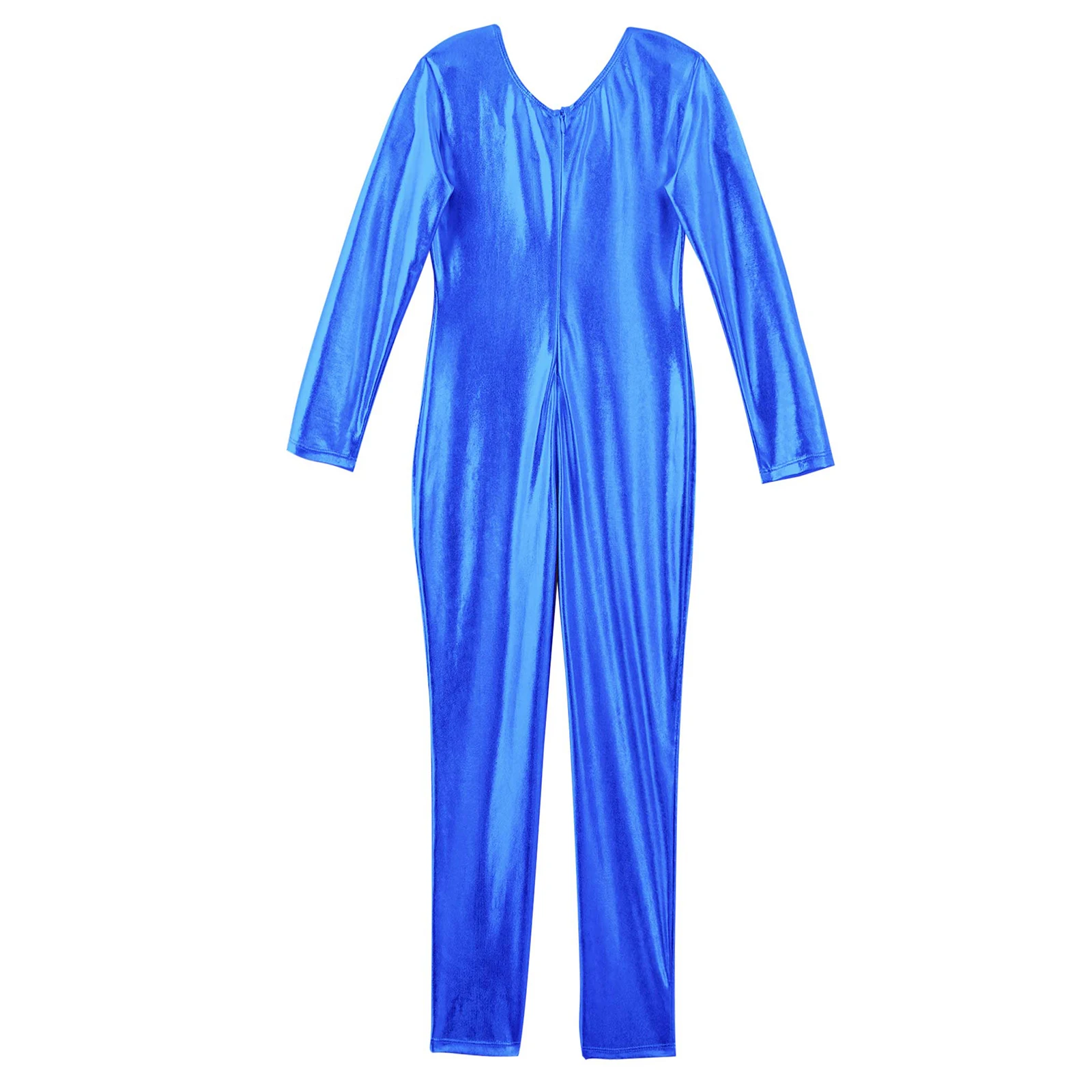 Kids Girls Shiny Metallic Full Body Suit Catsuit One Piece Long Sleeve Unitard Jumpsuit for Dance Gymnastics Workout Team Sport