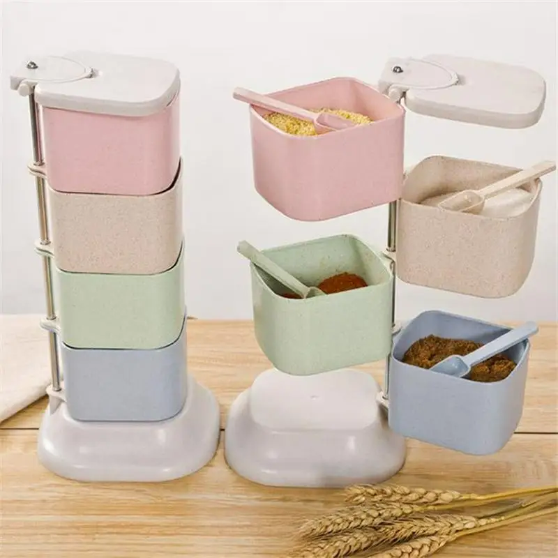 

Four Sets Kitchen Spice Bottle Seasoning Box Rotatable With Spoon Saucer Salt Pepper Cumin Powder Storage Jars Wheat Straw Box