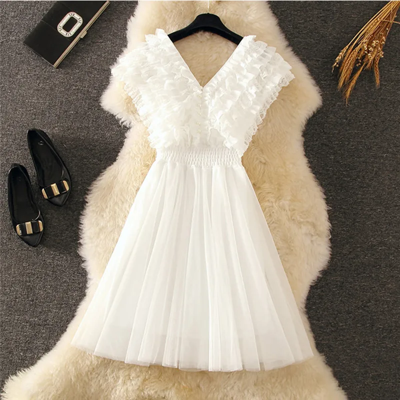 Preppy Style 2020 Summer White Lace Dress Sleeveless V-neck Chiffon Bodycon A-line Formal Party Vestidos | Женская одежда