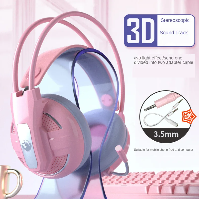 Free shipping Pink headphones girl lovely ps4 mobile computer Notebook gaming headset Intelligent noise reduction With wheat