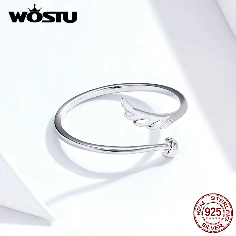 WOSTU 925 пробы Серебряное кольцо с крыльями ангела и сердцем, регулируемые Открытые Кольца для женщин, обручальные ювелирные изделия, подарки BKR567