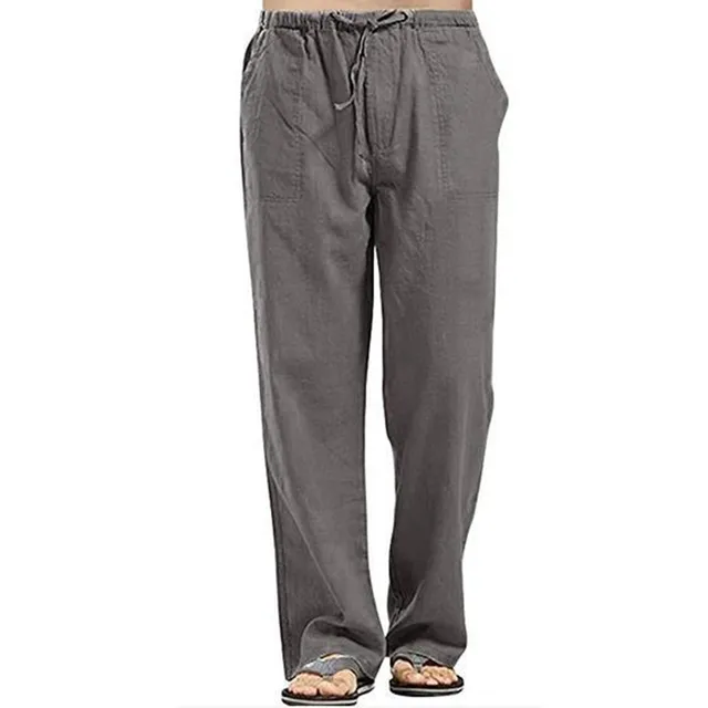 Summer Men Solid Color Linen Multi-pocket Straight Casual Pants Plus Large Size Breathable Comfortable Drawstring Loose Trousers Dark Grey
